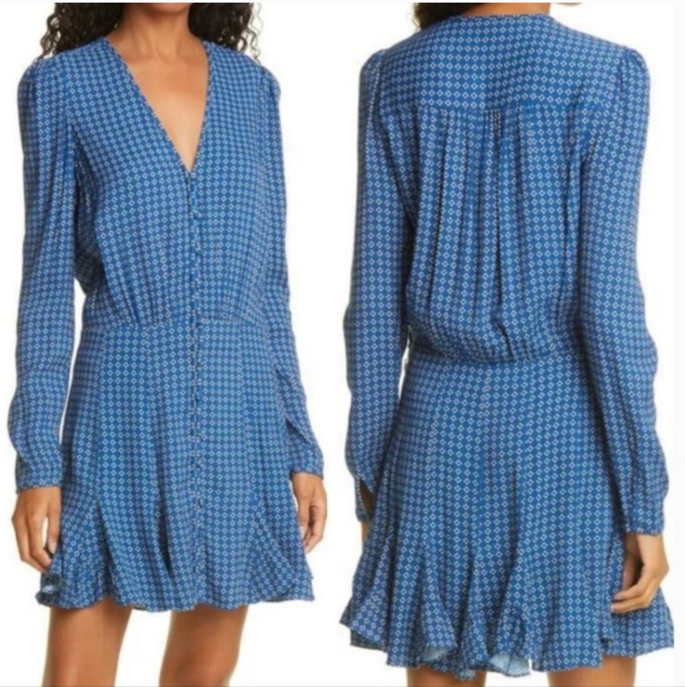Veronica Beard Riggins Dress Prussian Blue Long Sleeve Ruffle Buttons Size 6
